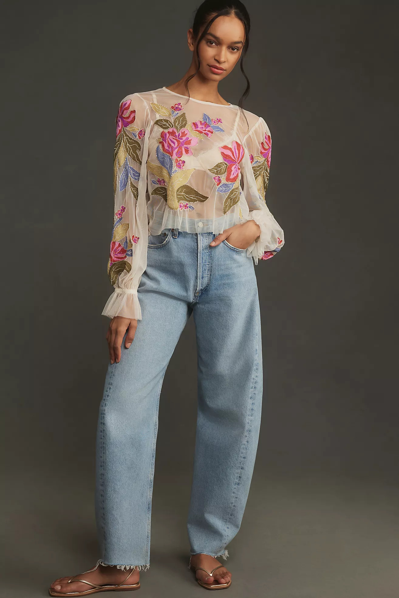 By Anthropologie Long-Sleeve Appliqué Mesh Top | Anthropologie (US)