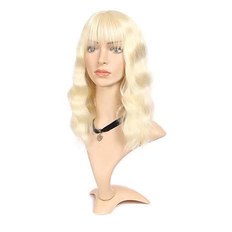Blonde 613 Wavy Synthetic Wig with Bangs, Curly Platinum 613# Middle Part 14" Shoulder Length Bod... | Amazon (US)