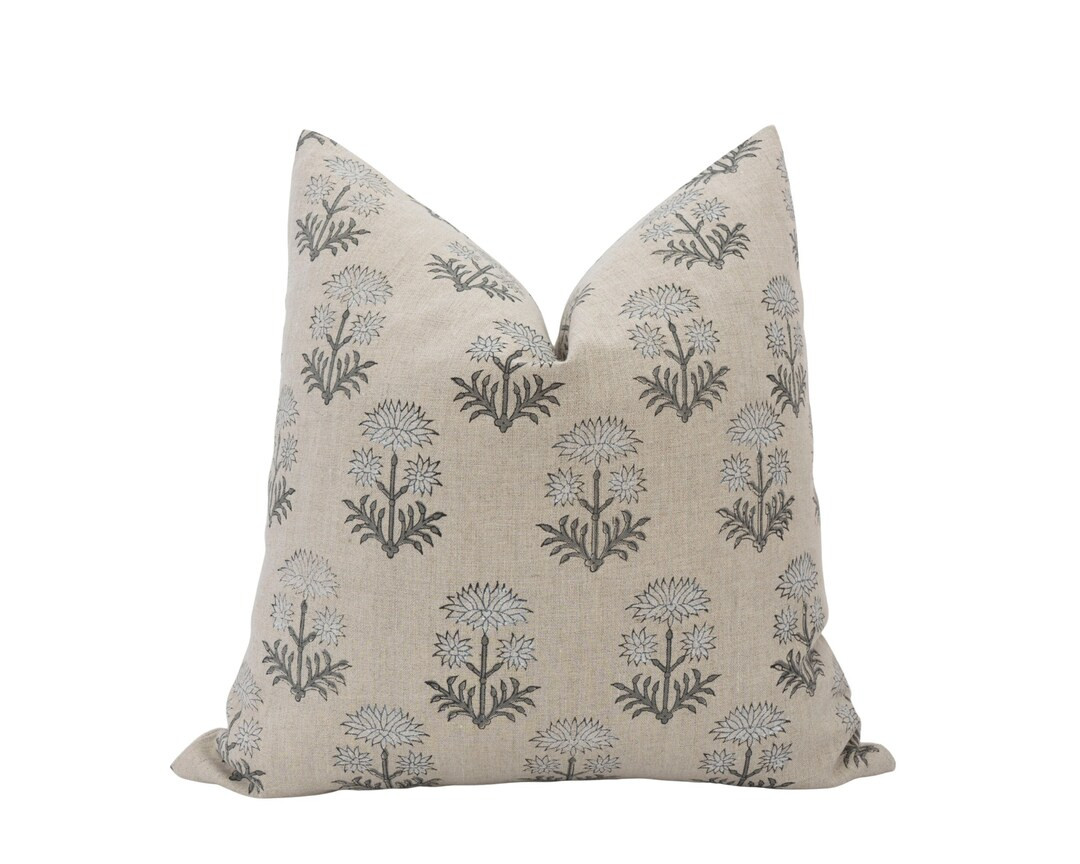 DEVIN || Block Print Pillow Cover Gray Floral Print Pillow Neutral Floral Pillow Floral Linen Pil... | Etsy (CAD)