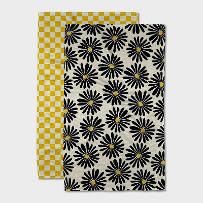 Geometry Tea Towel Set Zest: Modern Floral & Gingham Check, Quick Dry Microfiber, Off-White/Black... | Target