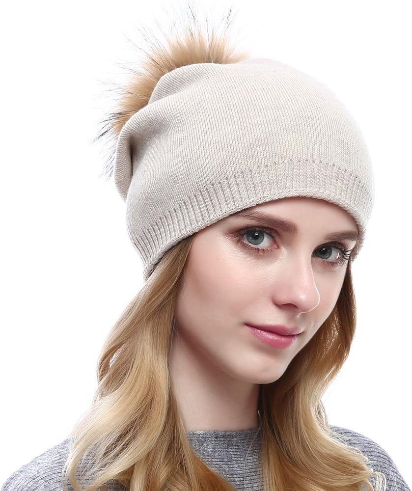 Women Knit Wool Beanie - Winter Solid Cashmere Ski Hats Real Raccoon Fur Pom Pom | Amazon (US)