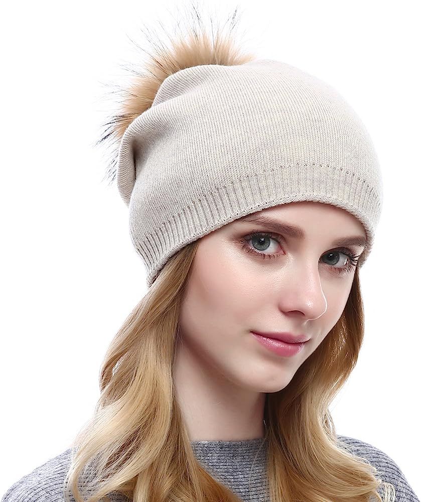 Women Knit Wool Beanie - Winter Solid Cashmere Ski Hats Real Raccoon Fur Pom Pom | Amazon (US)