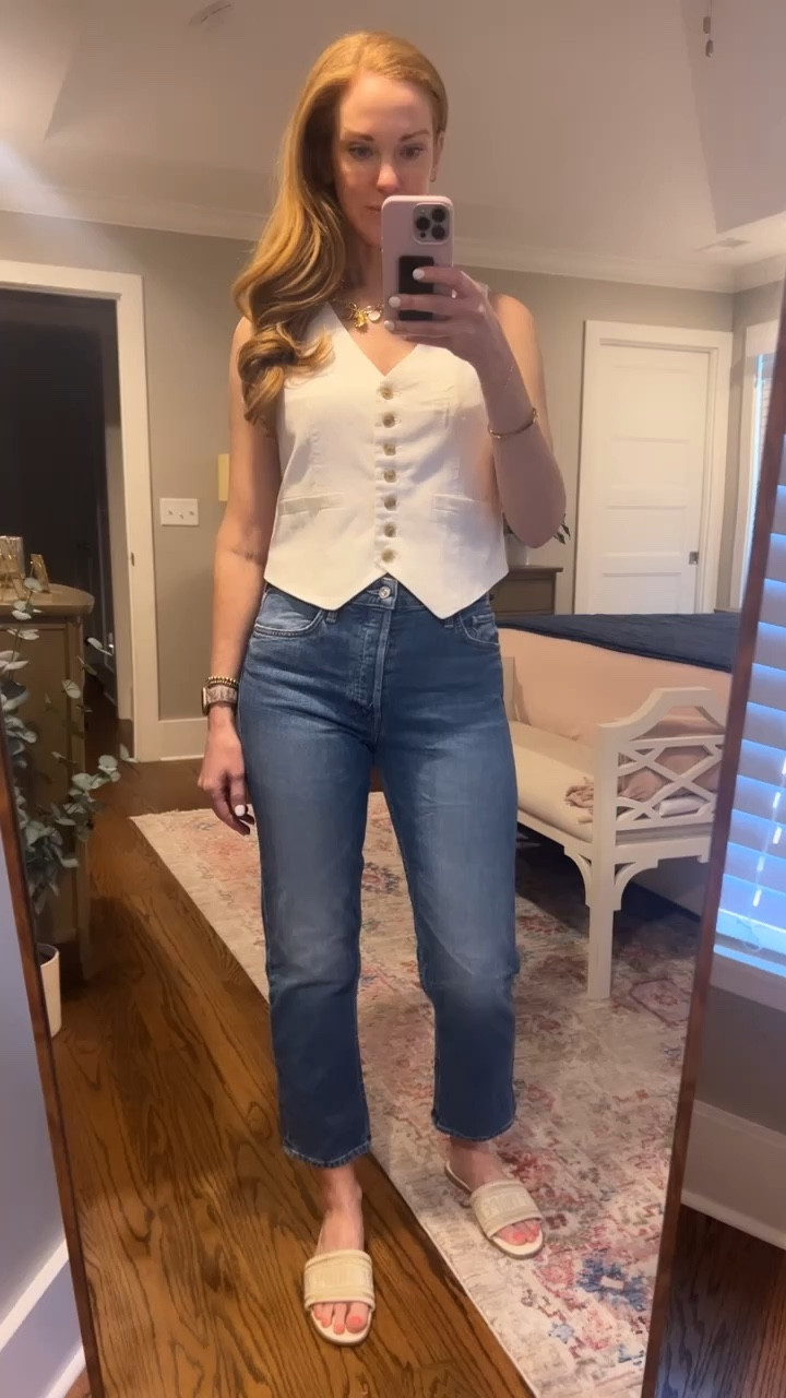 The vest trend is the best trend! It’s chic with a little bit of s*xy 😉 
This white linen one is from Target and so cute with jeans, trousers or sorts! 

#LTKVideo #LTKStyleTip #LTKFindsUnder50