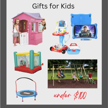 Gift ideas for kids under $100. Play house, Doctor accessory set, tablet with teacher approved apps, blow up bounce house, swing set, and k door mini trampoline. 

#LTKGiftGuide #LTKunder100 #LTKkids