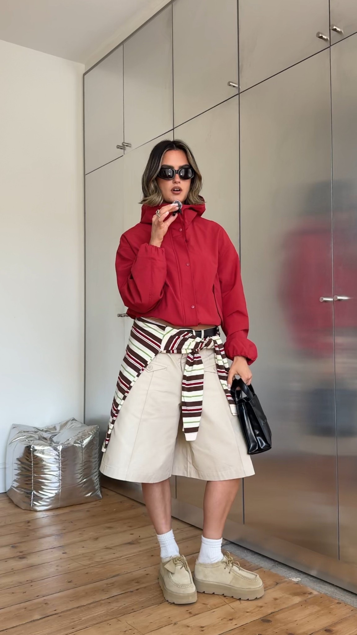 Uniqlo jacket, Uniqlo Parka, red jacket, jorts, long shorts, stripe top, wallabees 

#LTKspring #LTKuk