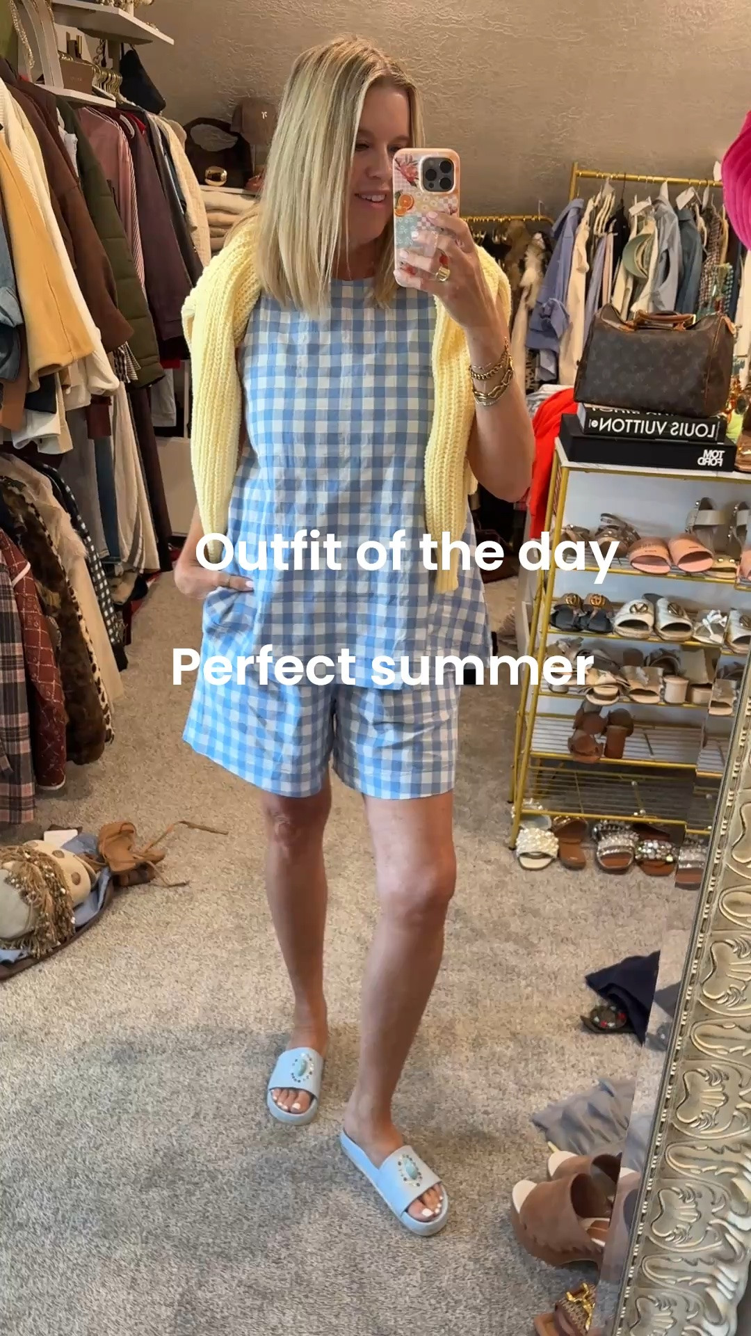 Summer outfit of the day

Perfect for running errands/ chasing grand kids/ grabbing a coffee or headed to lunch

Easy to wear and style gingham short set great quality, fits tts I am wearing a med, shorts are electric waist and has pockets - flowery tank top with shoulder button details set is under $54
Comes in several color options

Yellow button up chunky knit sweater, perfect in air conditioned shops/restaurants/theaters
Comes in several color  options  

Gold stud earrings Jenny bird 

Sandal slides Madison Masion

#LTKdayinmylife #LTKgrwm #LTKOver40