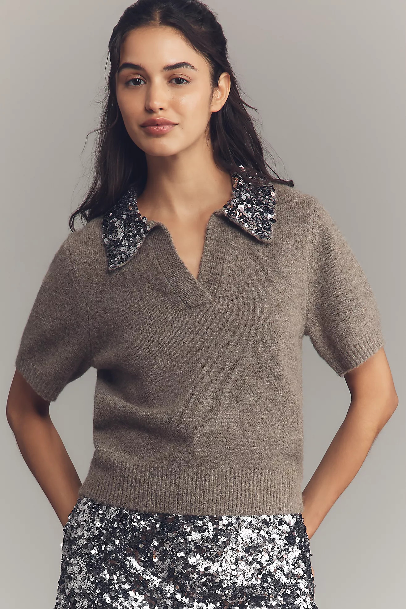 Endless Rose Short-Sleeve Sequin-Collar Sweater | Anthropologie (US)