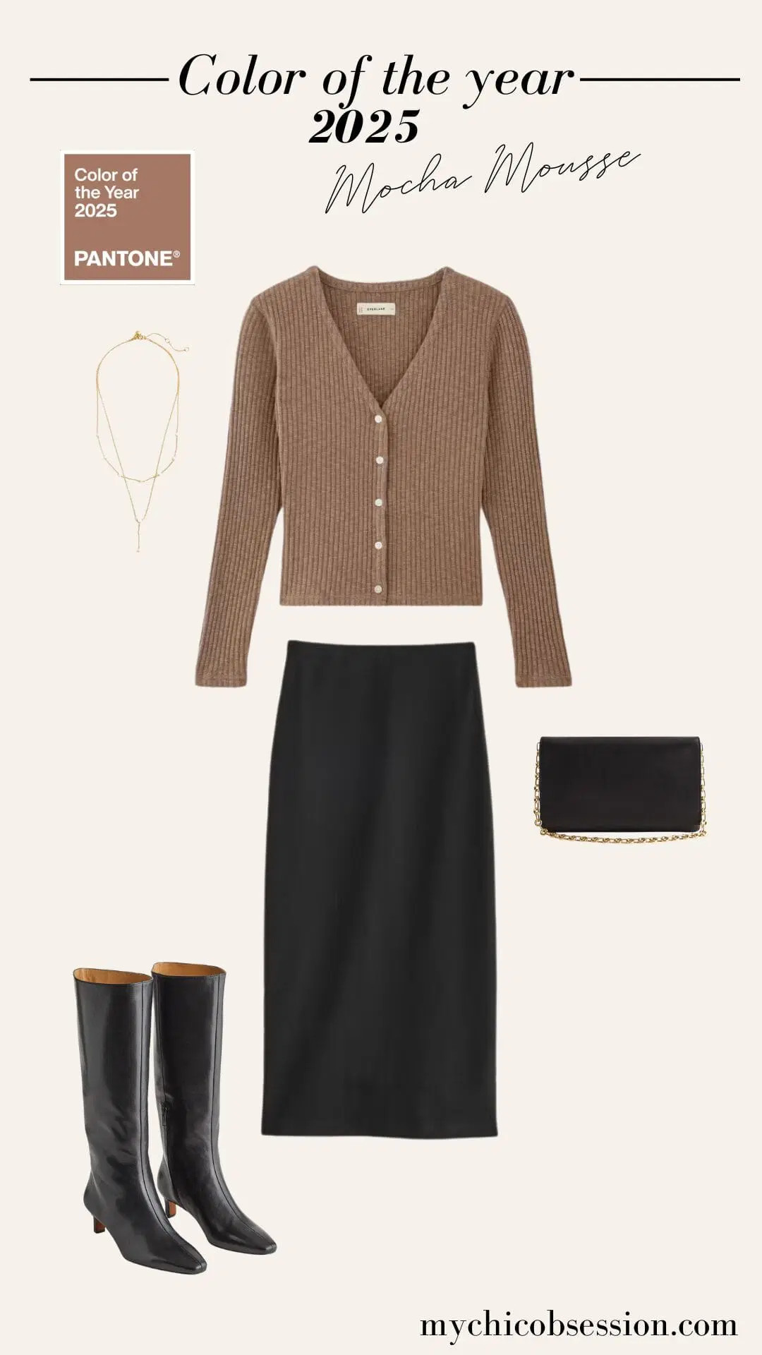 Embrace the cozy feeling of mocha mousse with this cardigan from Everlane. Its V-neck cut and button details create a flattering silhouette that can be easily dressed up or down. Pair with a chic and comfortable maxi skirt or your favorite denim jeans for a more casual look.

Wanting a more formal look? Knee-high boots, a gold layering necklace, and a chain strap shoulder bag create an expensive-looking outfit. 

 #LTKSeasonal #LTKStyleTip #LTKShoeCrush
