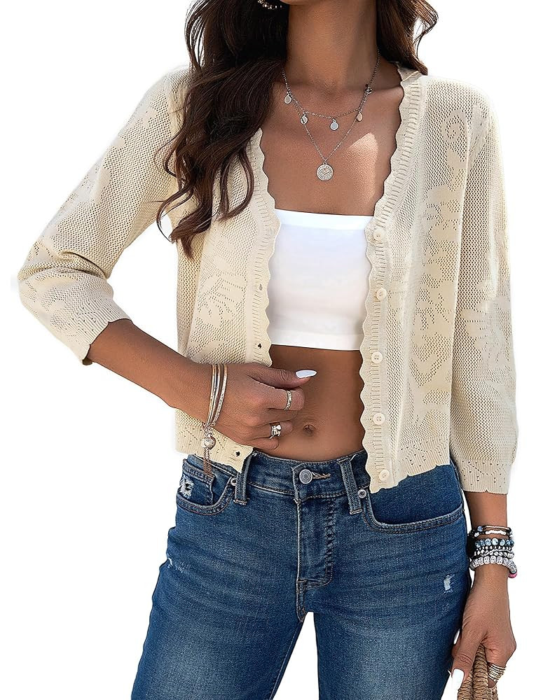 Kate Kasin Women's 2025 Cropped Cardigan Sweaters Trendy Lightweight 3/4 Sleeve Button Down Croch... | Amazon (US)
