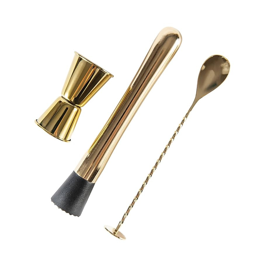 3-Pcs Gold Muddler & Mixing Tools Set, 10" Muddler, 12" Cocktail Spoon & 1 oz/2 oz Double Jigger,... | Amazon (US)