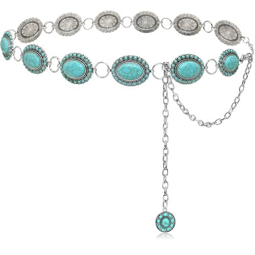 Womylufy Turquoise Concho Belt for Women Silver Western Chain Belts Cowgirl Boho Belt Accessories for Dresses | Amazon (US)
