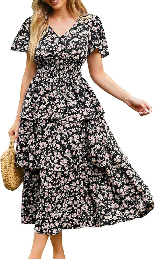 GRACE KARIN Women's 2025 Floral Summer Long Midi Dress V Neck Short Sleeve Ruffle Tiered Layered ... | Amazon (US)