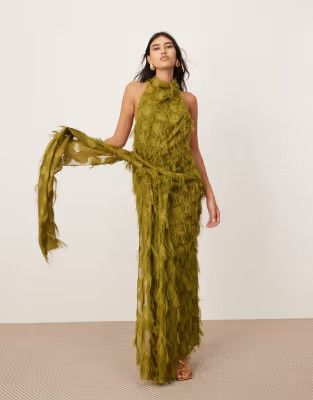 ASOS EDITION textured cowl halterneck maxi dress with ruched detail in olive green | ASOS (Global)