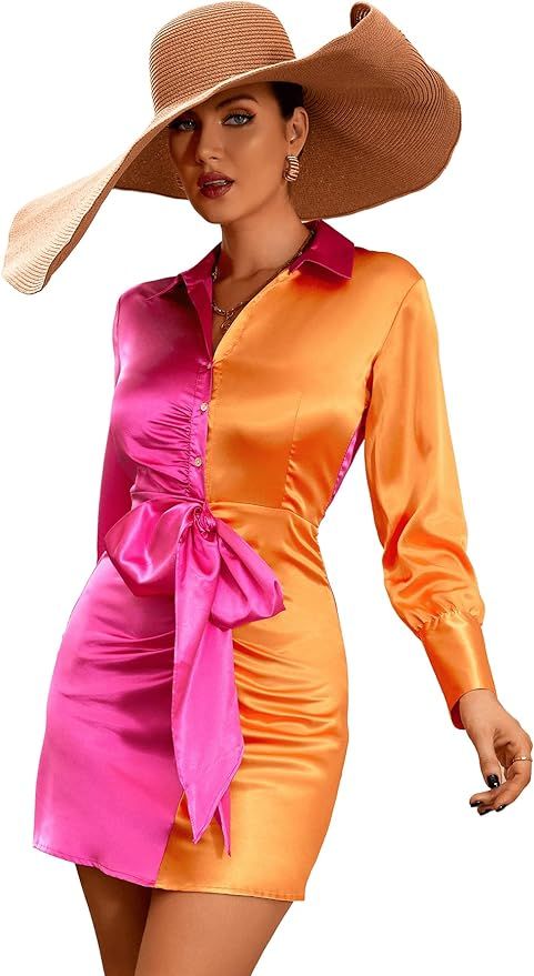 WDIRARA Women's Colorblock Cut Out Deep V Neck Tie Front Long Sleeve Sexy Mini Dress | Amazon (US)