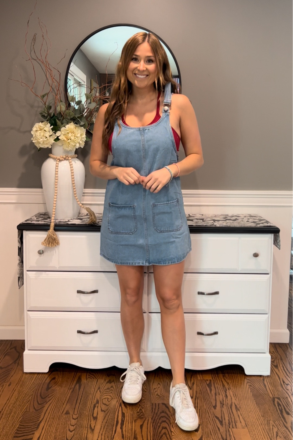 memorial day outfit idea. denim overall dress  and tank top fit true to sis 

#LTKunder100 #LTKSeasonal #LTKunder50