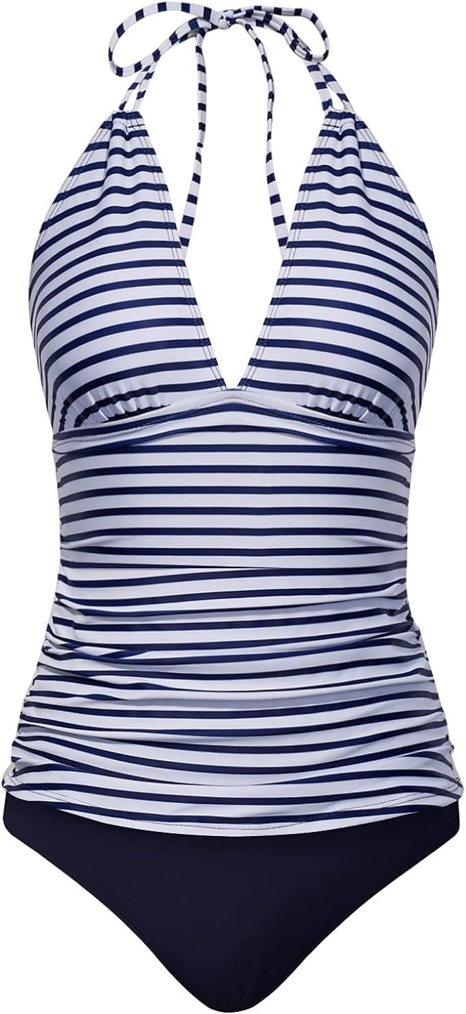 Yonique Womens Halter Tankini Swimsuits V Neck Tankini Tops with Bikini Bottom Two Piece Tummy Co... | Amazon (US)