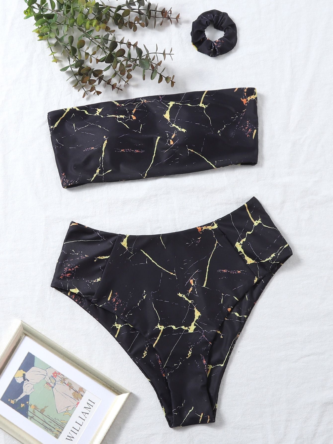 Marble Pattern Bandeau Bikini Swimsuit & Scrunchie | SHEIN