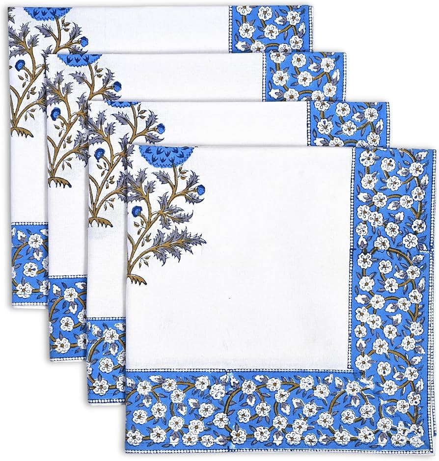 Ridhi Block Print Lapis Blue Border Napkins 20" x 20" Inch Set 4 -Reusable Cotton Decorative Napk... | Amazon (US)