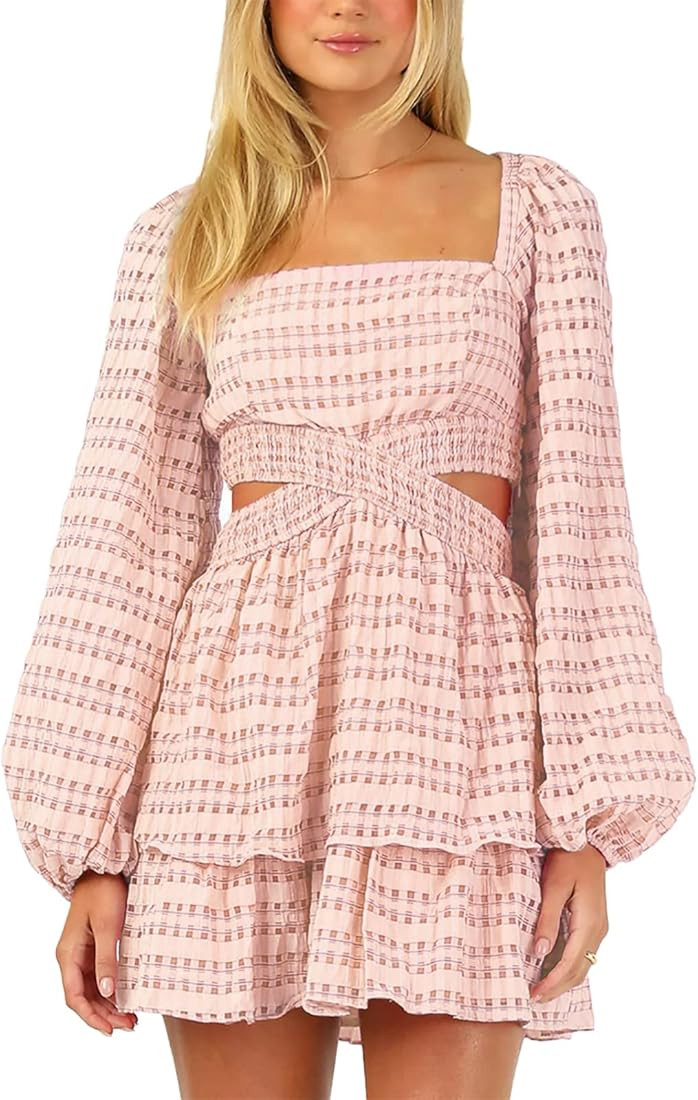 Shy Velvet 2023 Summer Dresses for Women Square Neck Crossover Waist Long Sleeve Dress Party Club... | Amazon (US)