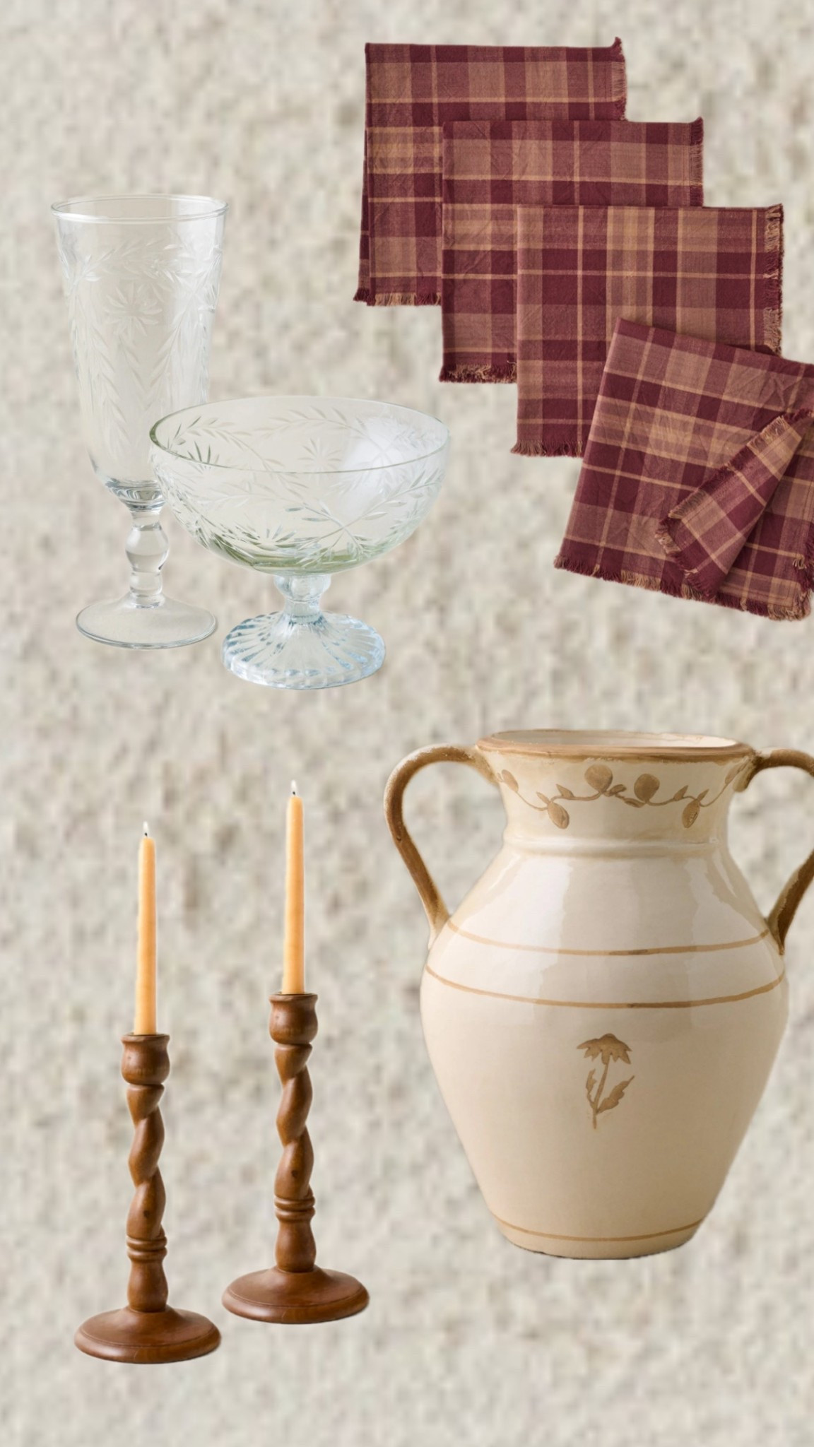 Home decor on sale: crystal glasses & bowls, ceramic vase, plaid napkins, dark stained wood candle holders. 

Rustic & elegant mix

#LTKSaleAlert #LTKHome #LTKHoliday