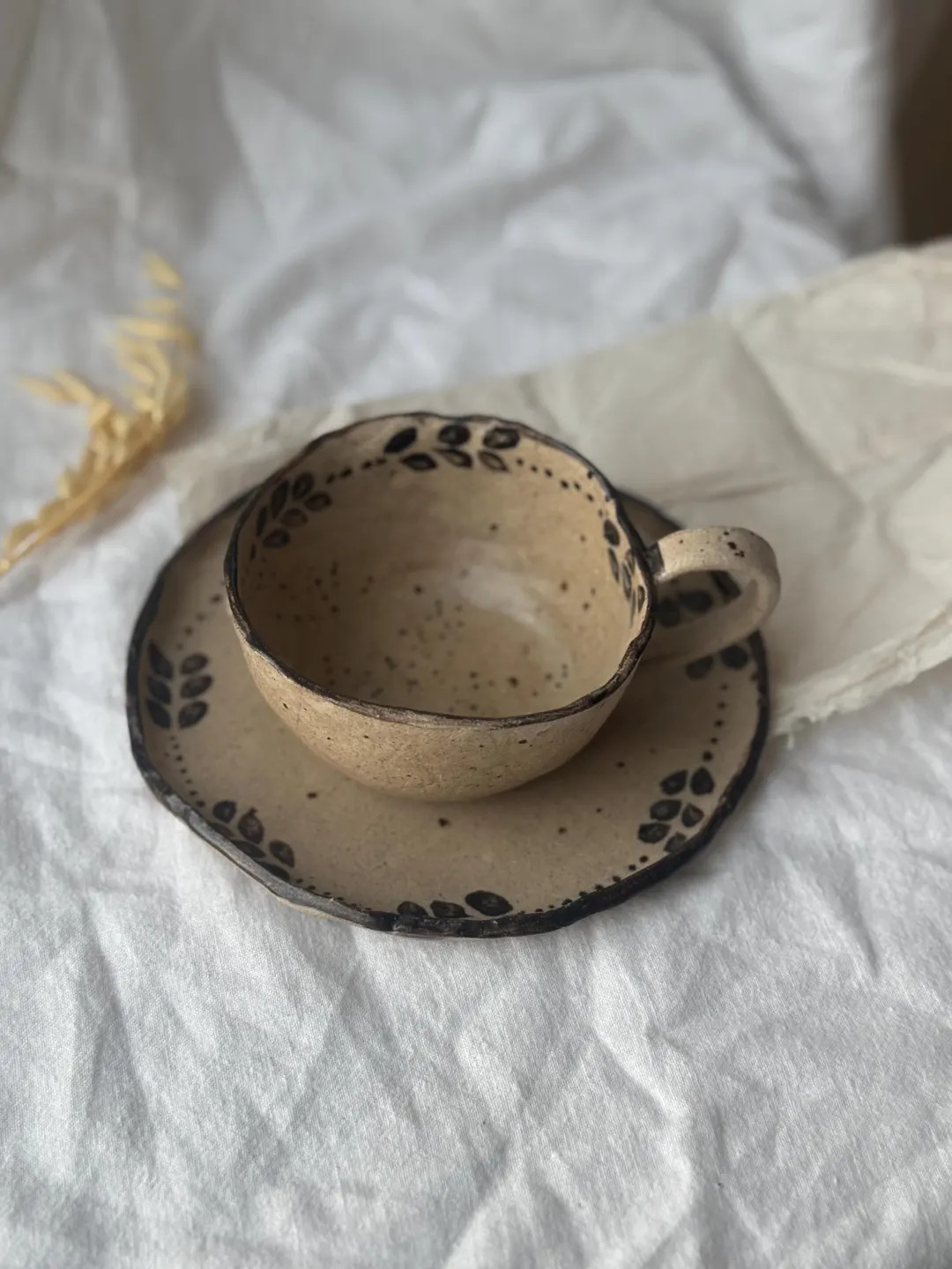 Rustic WabiSabi cup and Saucer Set Handcrafted with Soul with leaf pattern by keejan | Etsy (US)