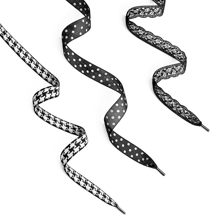 Ribbon Shoelaces – Black & White Mix, Polka Dot Organza, Houndstooth & Lace Shoe Laces for Snea... | Amazon (US)