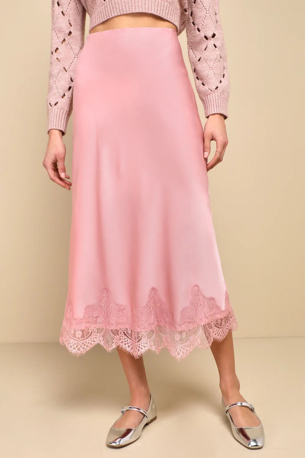 Blissful Nature Blush Pink Satin Lace High-Rise Midi Skirt | Lulus