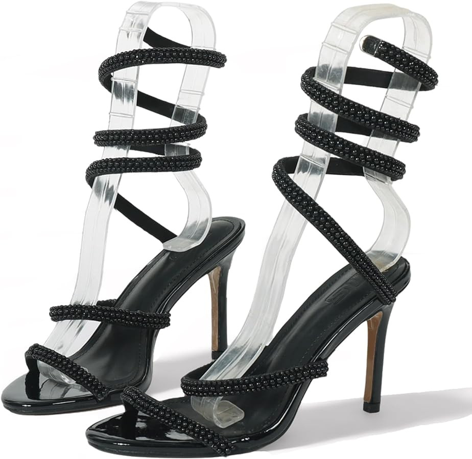 Women'S Rhinestone Coil Spiral Ankle Strap Stiletto Sandals Elegant Sexy Pointed Toe Ankle Wrap U... | Amazon (US)