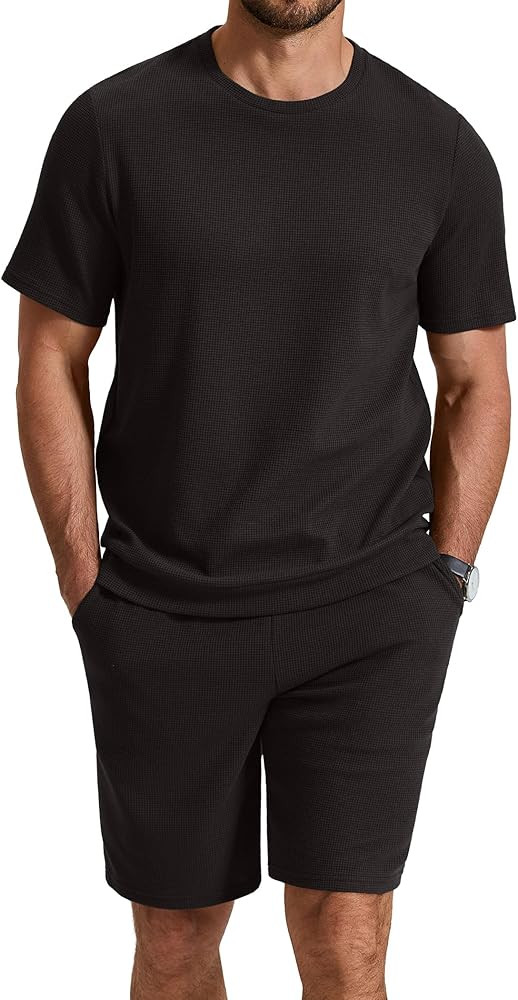 COOFANDY Men's Cotton Waffle 2 Piece Outfits Casual Short Sleeve Shirts and Shorts Set Summer Jog... | Amazon (US)