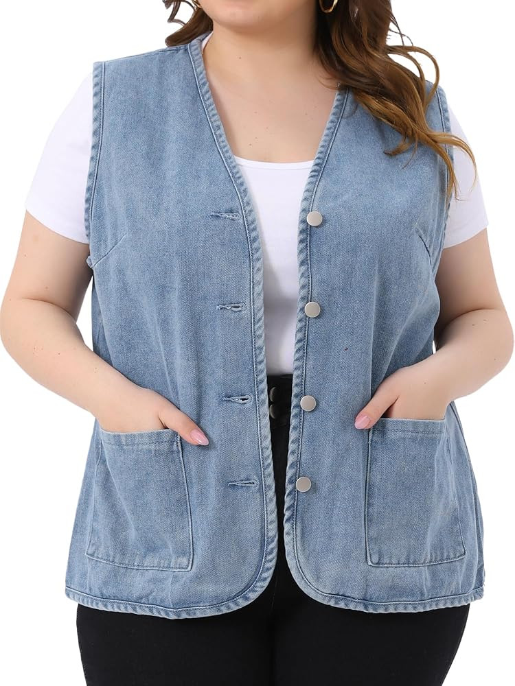 Agnes Orinda Plus Size Denim Vest Top for Women Button Down V Neck Waistcoat Sleeveless Jean Jack... | Amazon (US)