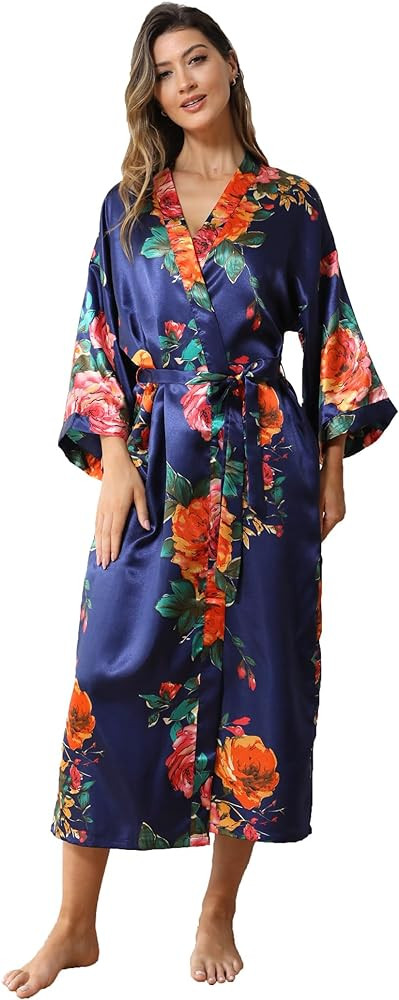 Women's Satin Kimono Robe Floral Long Silky Robes Bridal Kimonos Bridesmaid Party Dressing Gown | Amazon (US)
