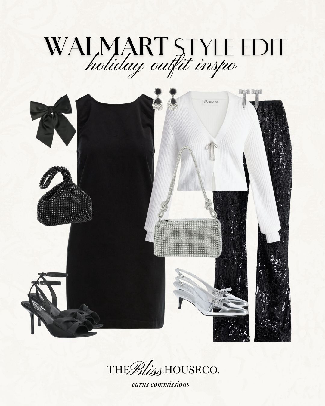 Elevated holiday outfit inspo ✨ Holiday party outfit, sequin pants, dress, Christmas outfit, New Years, NYE, work party, holiday styled look, black, silver, bow, trending, look for less Walmart fashion. 

 #LTKHoliday #LTKSeasonal #LTKFindsUnder50