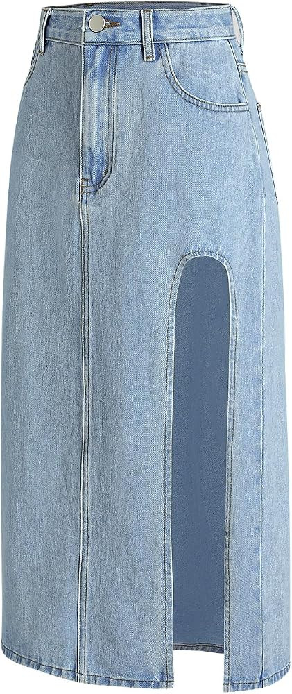 MEROKEETY Women's Denim Skirt Side Split Thigh High Waist A Line Casual Midi Jean Skirt with Pock... | Amazon (US)