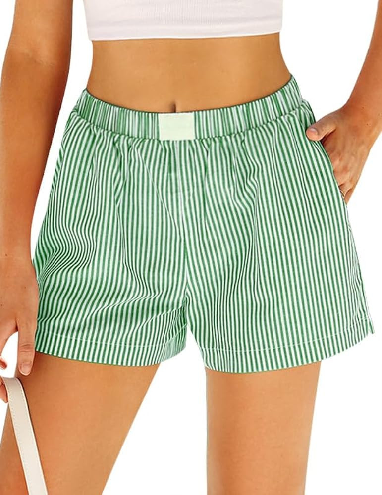 Womens Boxer Shorts Cotton Plaid Gingham Shorts Summer Elastic Waist Pajama Buttoms with Pockets | Amazon (US)