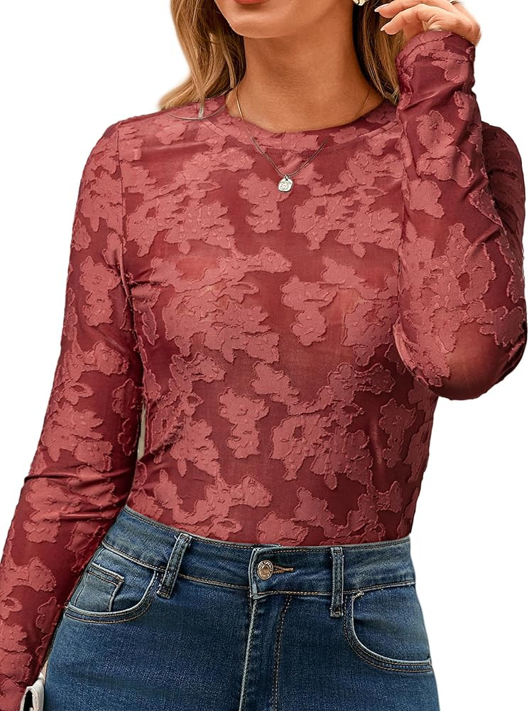 Glamaker Womens Mesh Long Sleeve Tops Lace See Through Sexy Crew Neck Eyelet Shirts Party Floral ... | Amazon (US)