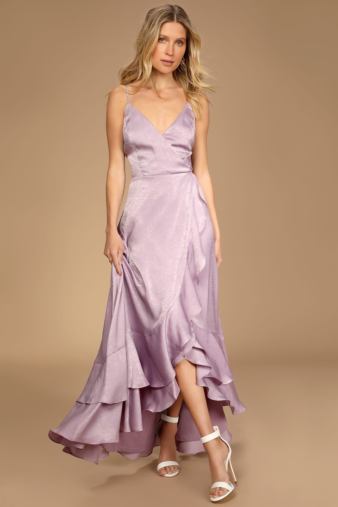 In Love Forever Lavender Satin Lace-Up High-Low Maxi Dress | Lulus