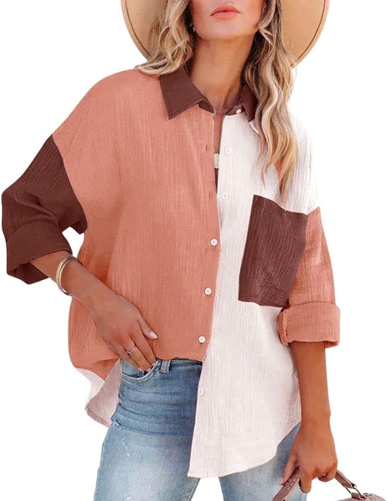 chouyatou Women's Color Block Long Sleeve Button Down Boyfriend Shirt Blouses | Amazon (US)