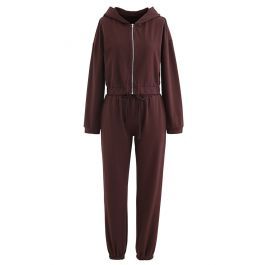 Hooded Zipper Sweatshirt and Drawstring Joggers Set in Brown | Chicwish