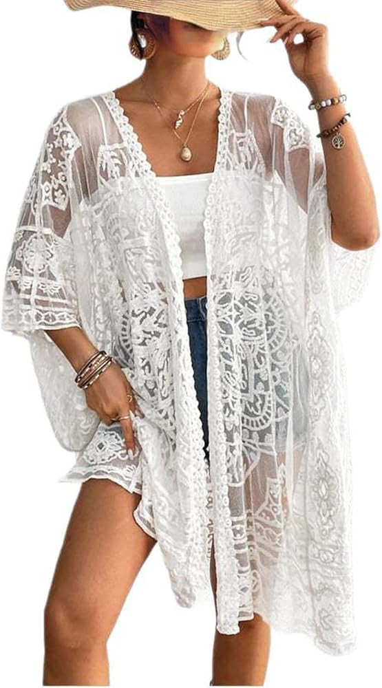 Women's Lace Kimonos Bikini Cover-Up Summer Beach Coverup Swimsuit 3/4 Sleeves Open Front Sheer M... | Amazon (UK)