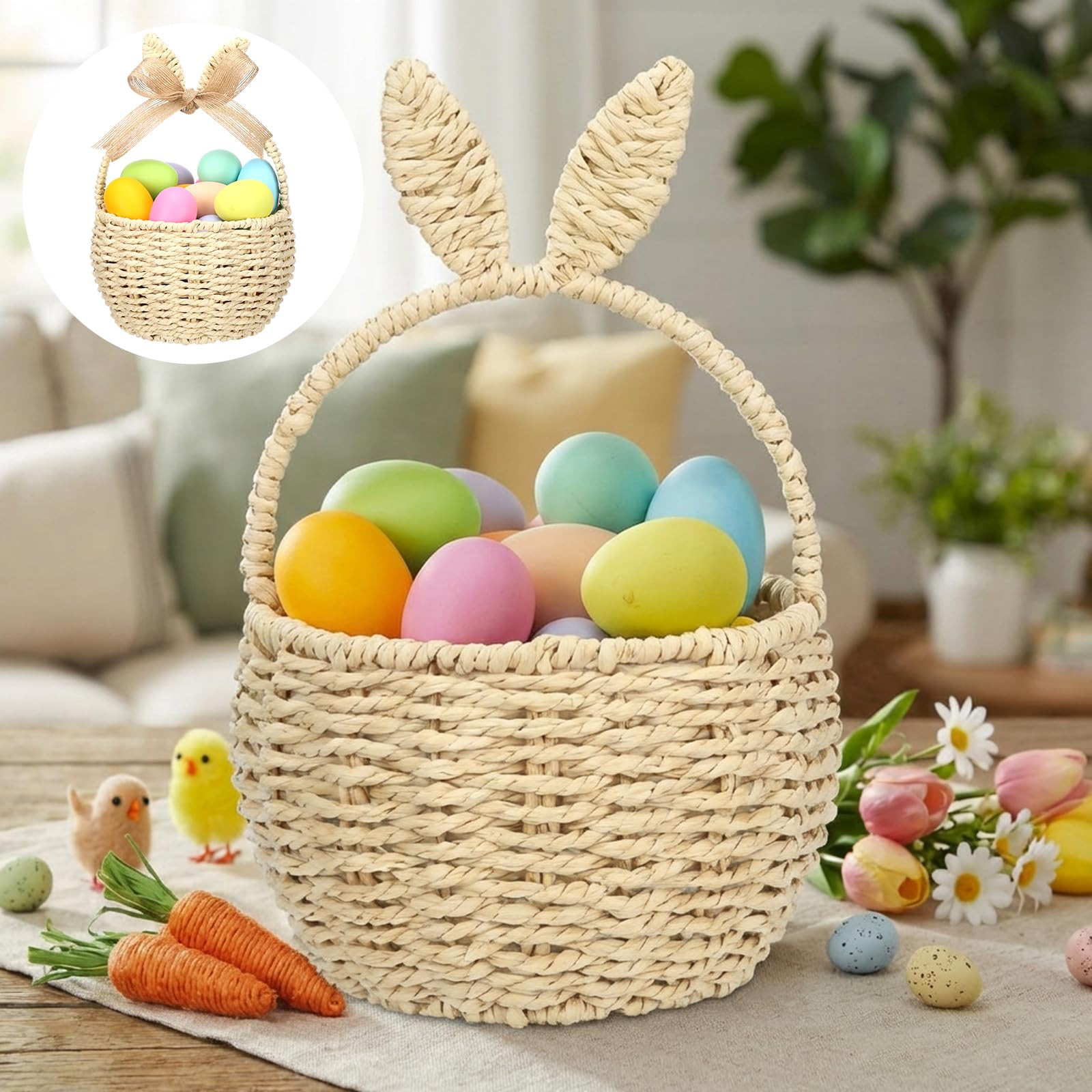 Kathfly Rattan Easter Bunny Basket with Handle 11 x 7 x 5 Inch Handmade Wicker Bunny Ears Picnic ... | Amazon (US)