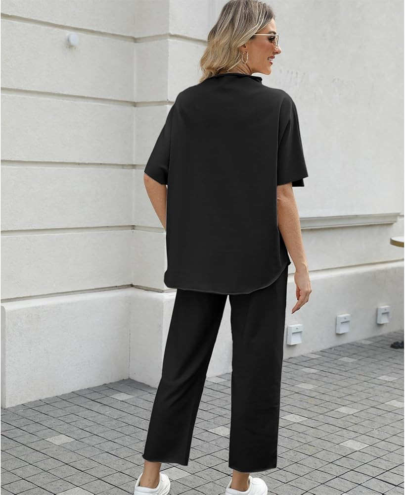 Women's Two Piece Outfits 3/4 Batwing Sleeve Capelet Crew Neck Pullover Top Wide Leg Pants Lounge... | Amazon (US)