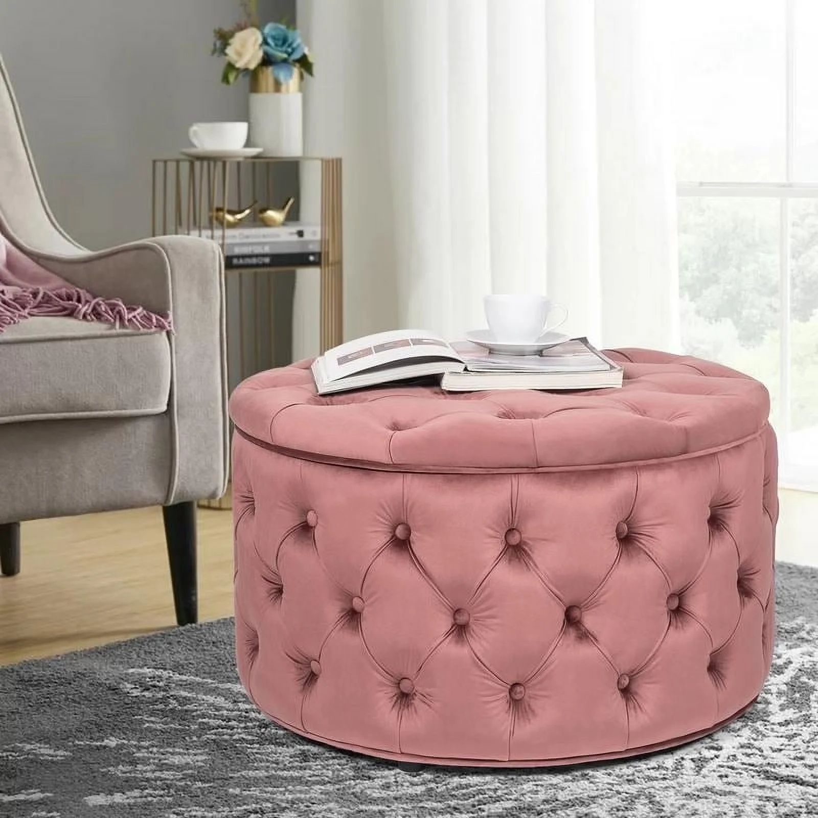 Adeco  Round Velvet Button Tufted Storage Ottoman - Walmart.com | Walmart (US)