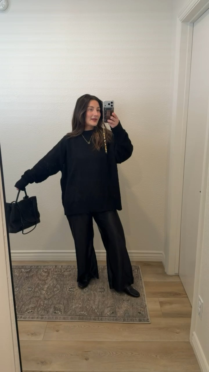 Cozy sweater size medium (I sized up for longer fit) 
Satin pants size small (These have a raw hem so I cut them!) 

5'0" 140lbs 

#LTKootd #LTKPetite #LTKFindsUnder50