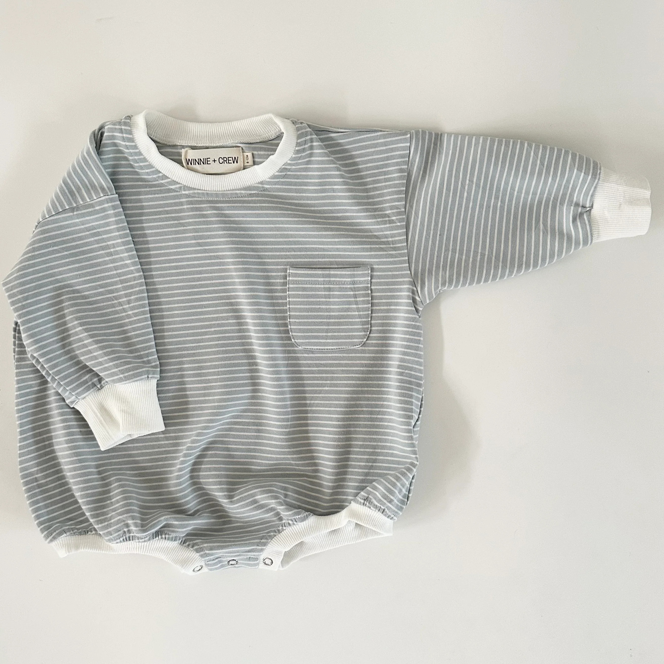 Harley Pocket Romper in Blue with White Stripes | Winnie and Crew