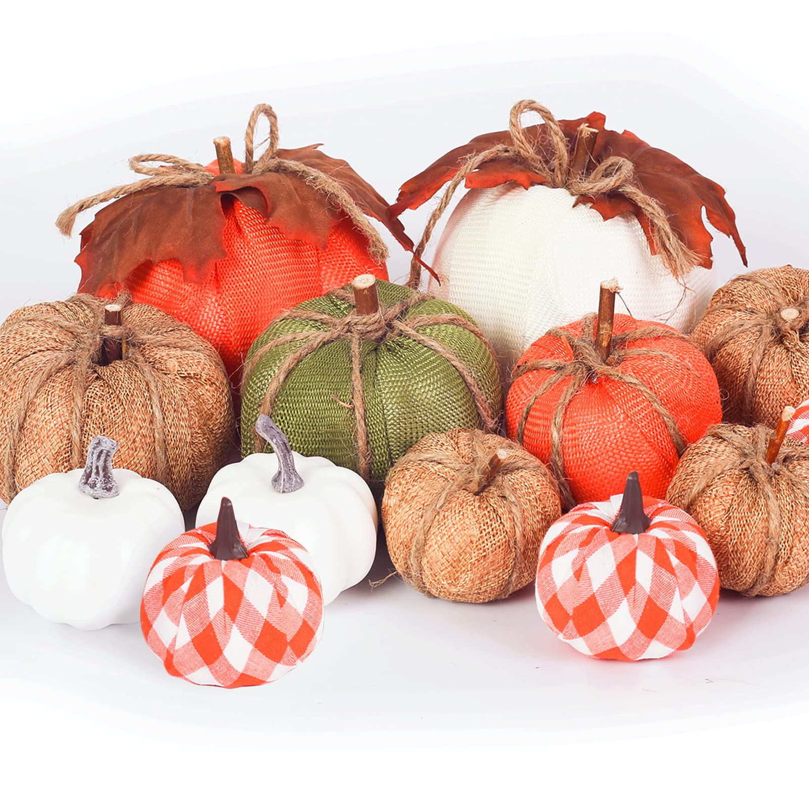 UNIVIVO 12pcs Farmhouse Fall Pumpkins Decor, Large Mini Mixed Fake Fabric Pumpkin with Leaves for Ha | Amazon (US)