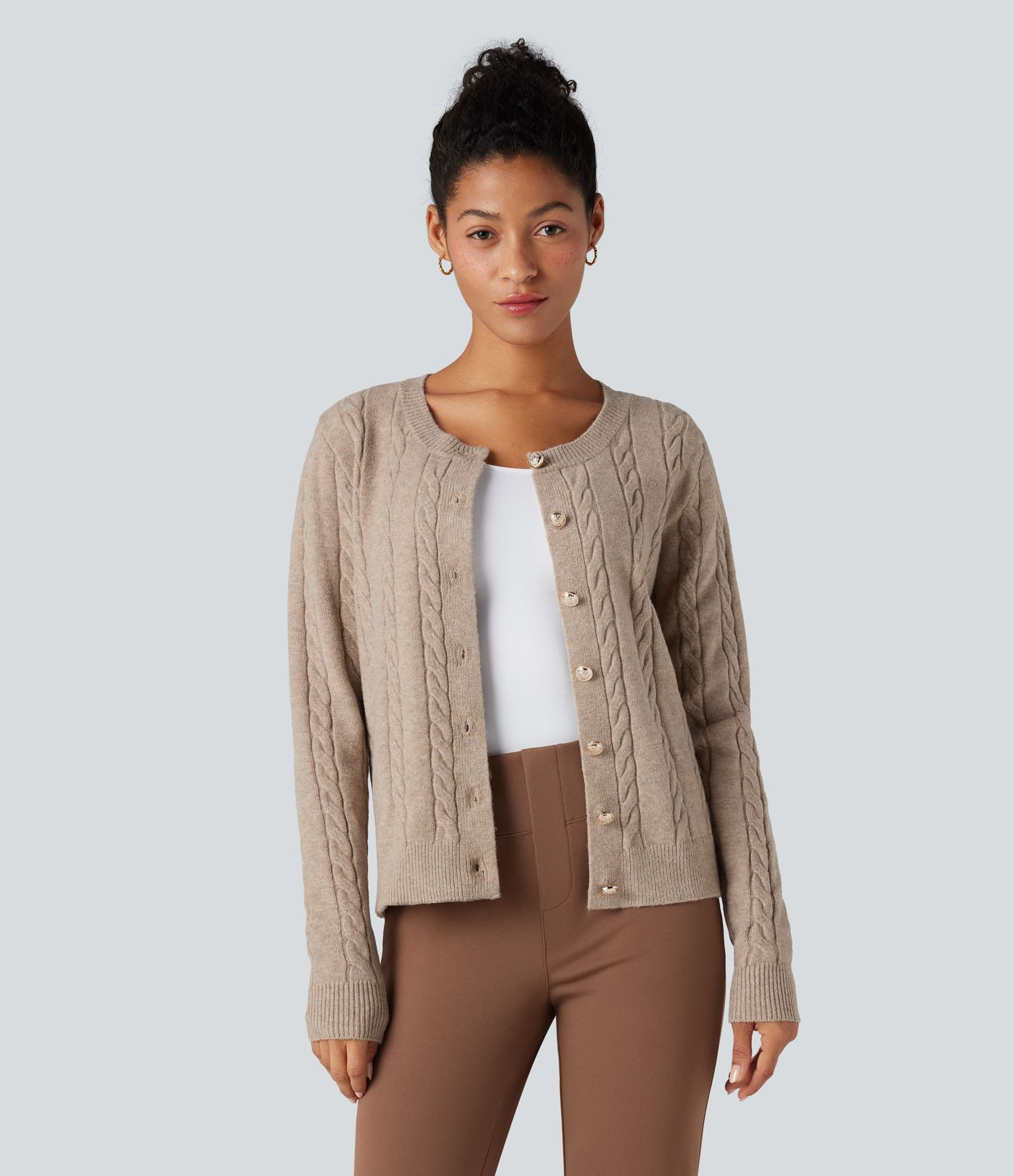 Women’s Round Neck Long Sleeve Cable Knit Work Cardigan - Halara | HALARA