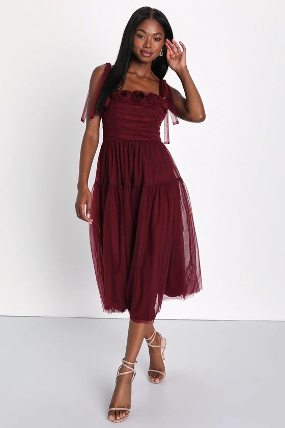 Sweetest Option Burgundy 3D Floral Ruched Tie-Strap Midi Dress | Lulus (US)