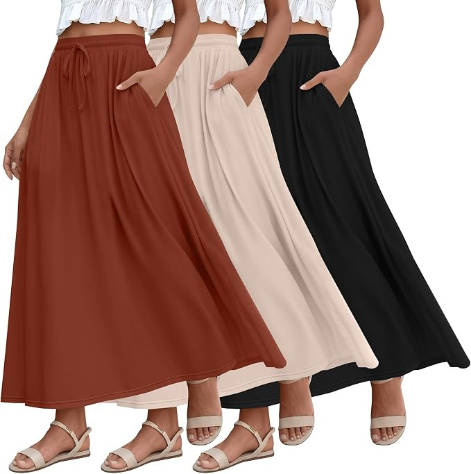 Ficerd 3 Pack Women's Maxi Long Skirts, Ankle Length a Line Elastic High Waist Summer Casual Draw... | Amazon (US)