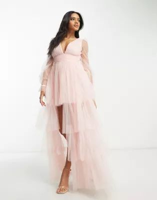 Lace & Beads exclusive sheer sleeve tiered high low maxi dress in blush | ASOS (Global)