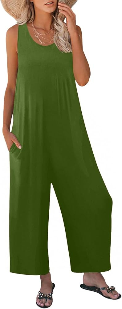 Women's Summer Casual Loose Tank Jumpsuit Sleeveless Crewneck Long Pants Jumpsuit Romper with Poc... | Amazon (US)